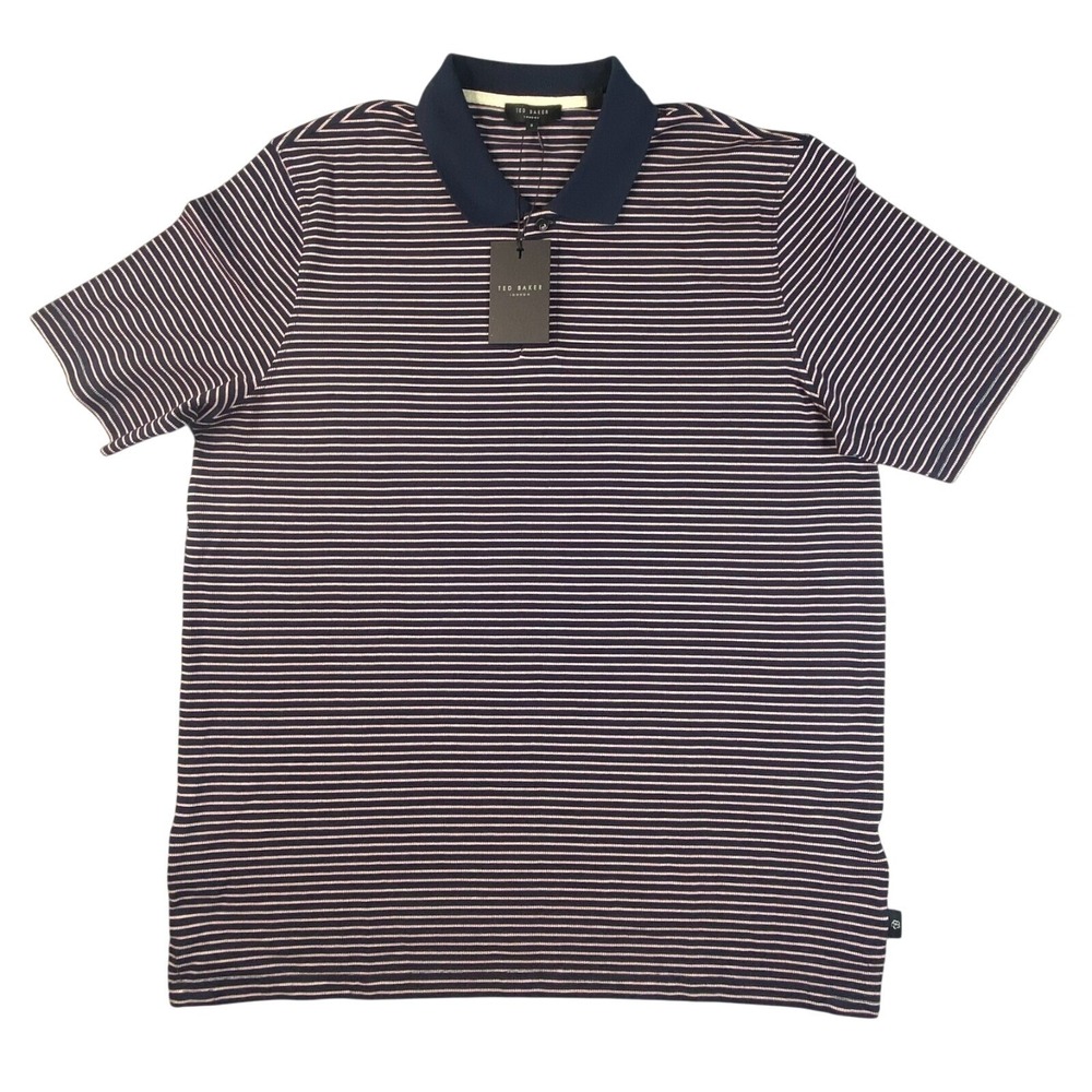 Ted Baker Ravens Mens Striped Pique Polo Shirt Blue Cotton Size 5 XL NWT